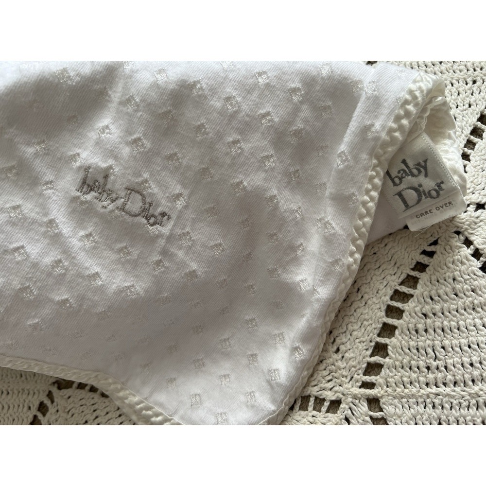 Vintage Baby Dior White Dotted Baby Blanket 32x28 Luxury Nursery Designer Gift